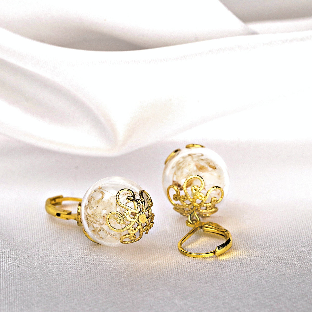 Real Dandelion Earrings - Golden Dangle Earrings with Dandelion Seeds - VINOHR-71
