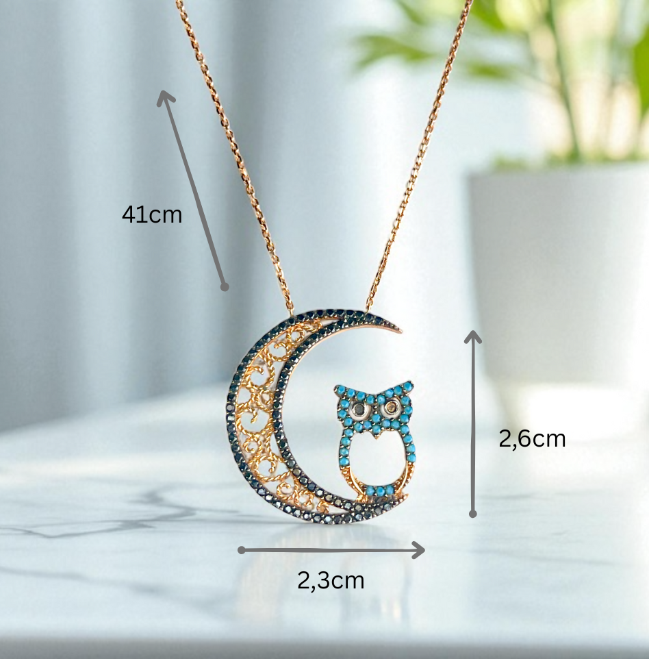 Luna Noctua - 14k 14k Gold Necklace with Moon and Owl Pendant, Rose…