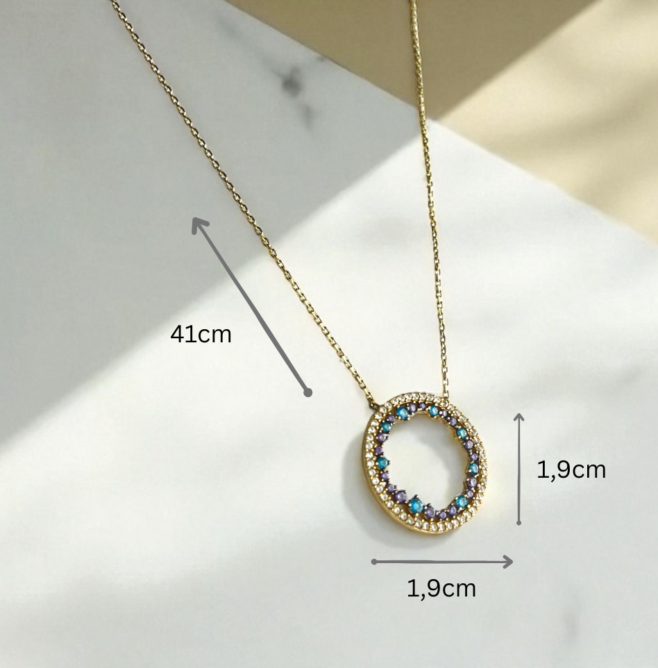 Galaxia Circle — 14k Gold Necklace with Blue & Violet Zirconia Pendant