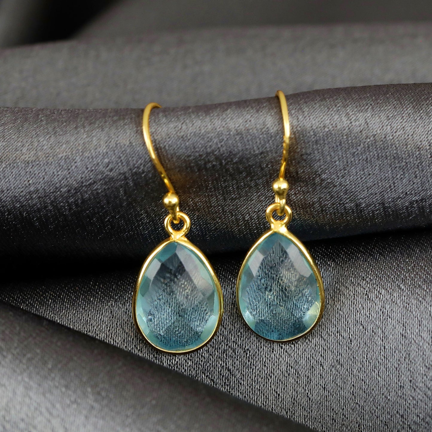Aqua Topaz Gemstone Earrings 925 Sterling Gold Plated