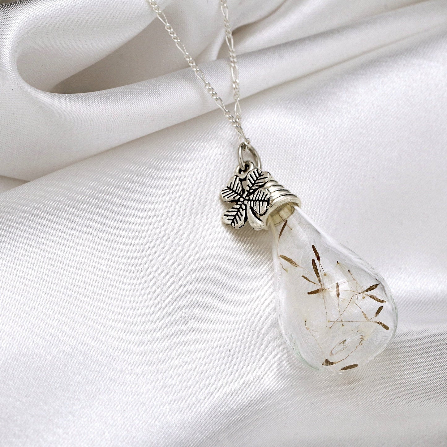 925 Sterling Silver Chain Real Dandelion & Shamrock