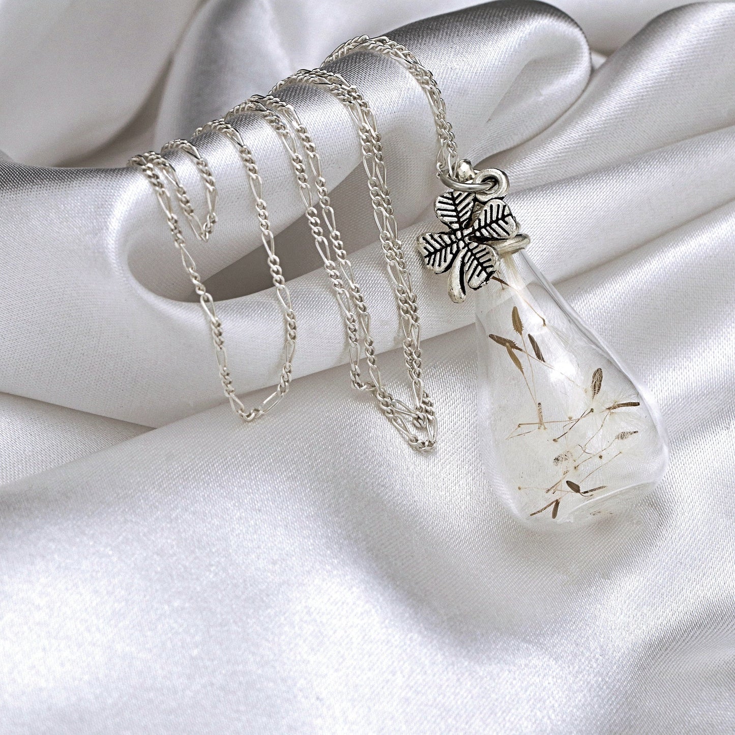 925 Sterling Silver Chain Real Dandelion & Shamrock