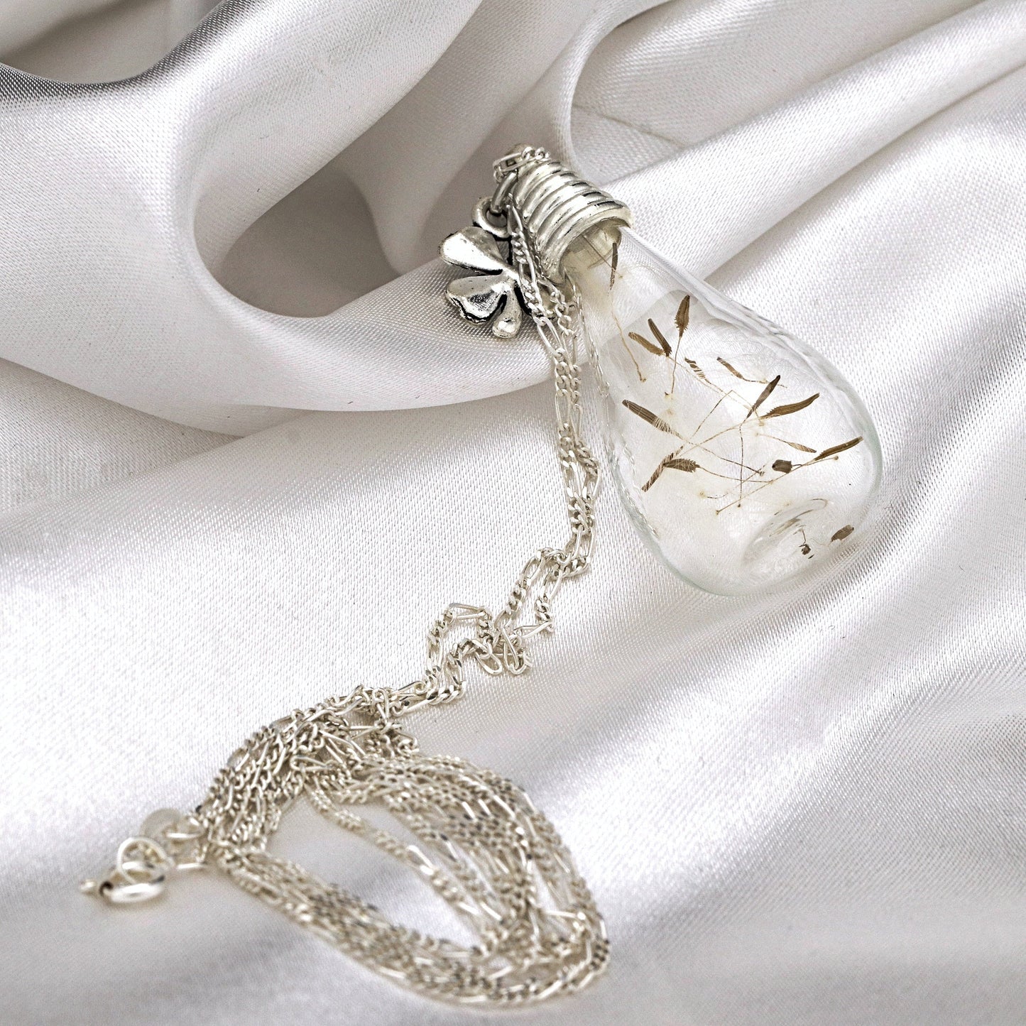 925 Sterling Silver Chain Real Dandelion & Shamrock