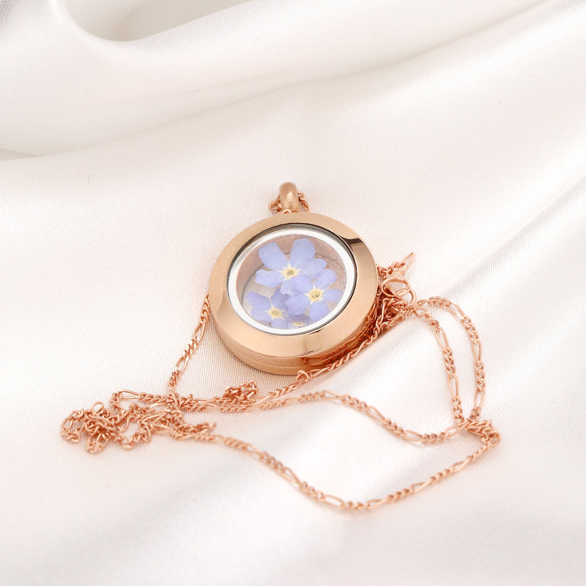 Rose Gold-Plated Forget-Me-Not Locket - 925 Sterling Gold-Plated Necklace with Real Flowers - K925-126