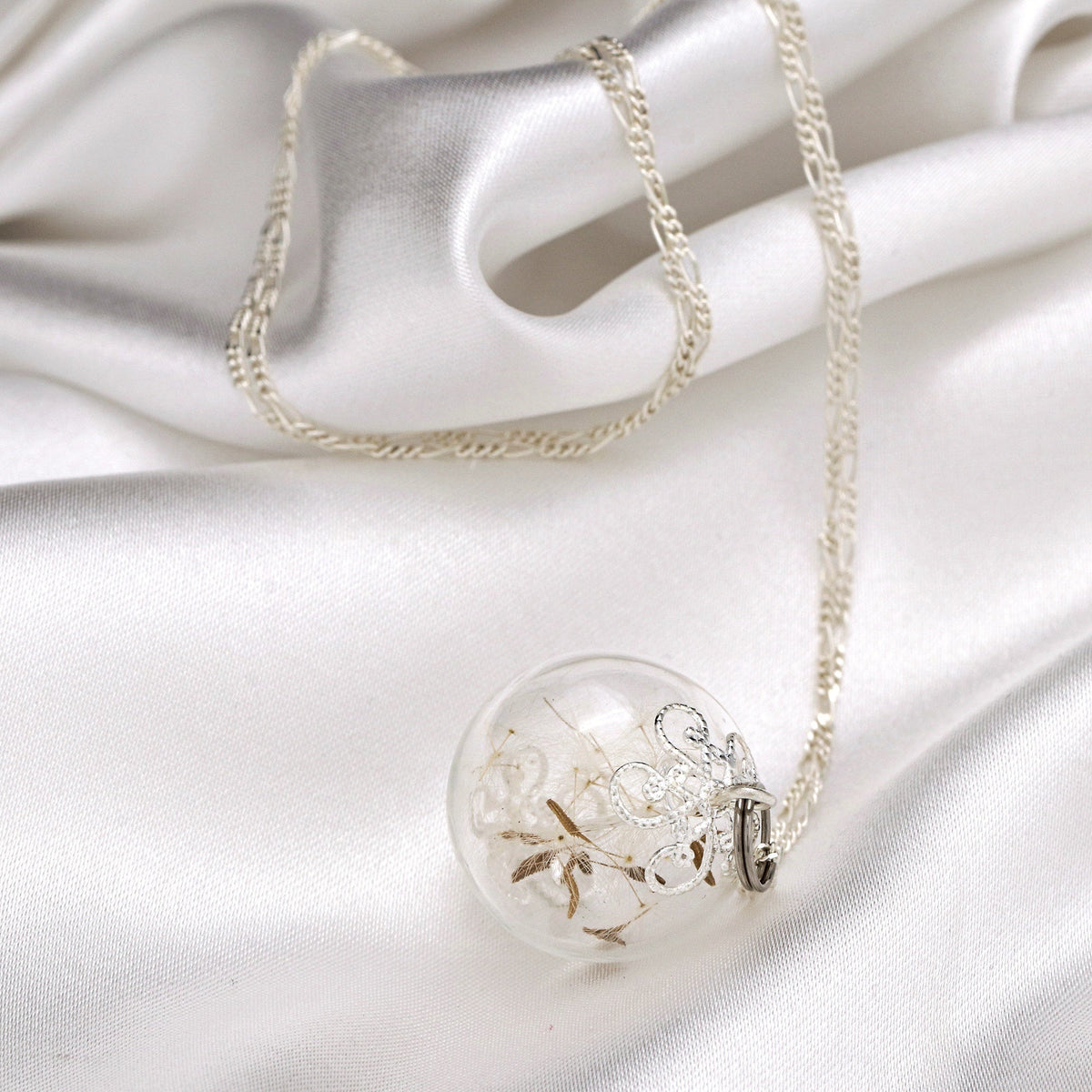 Dandelion Seed Pendant Necklace - 925 Sterling Silver Dried Flower Botanical Necklace - K925-15