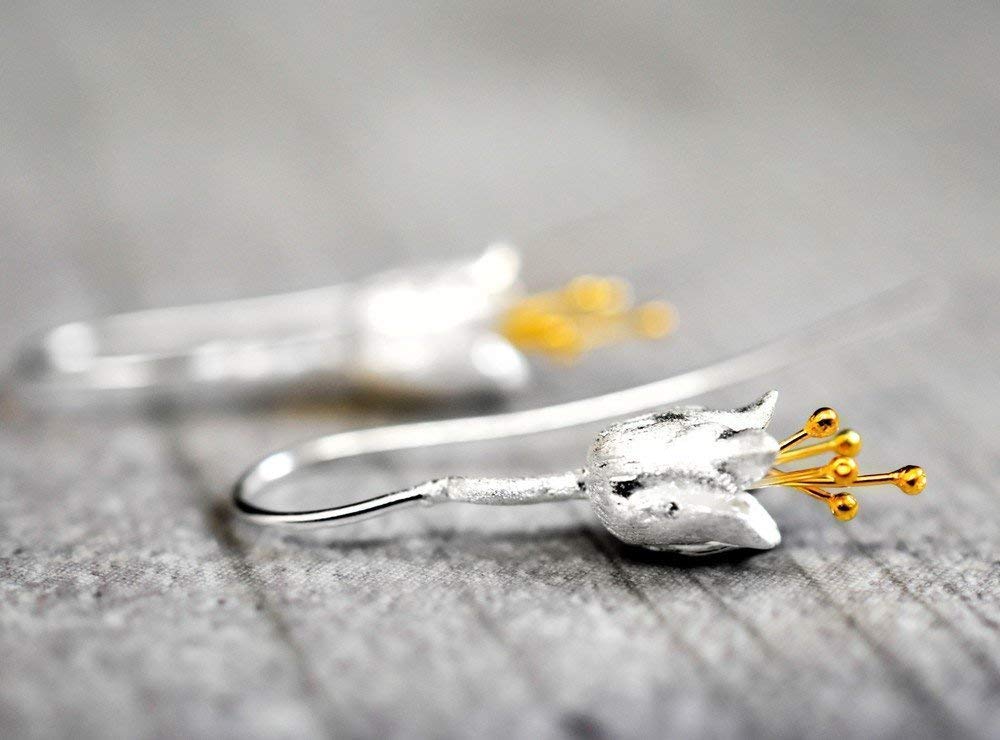Bellflower Earrings - 925 Sterling Silver Gold Plated - Matte Stamens