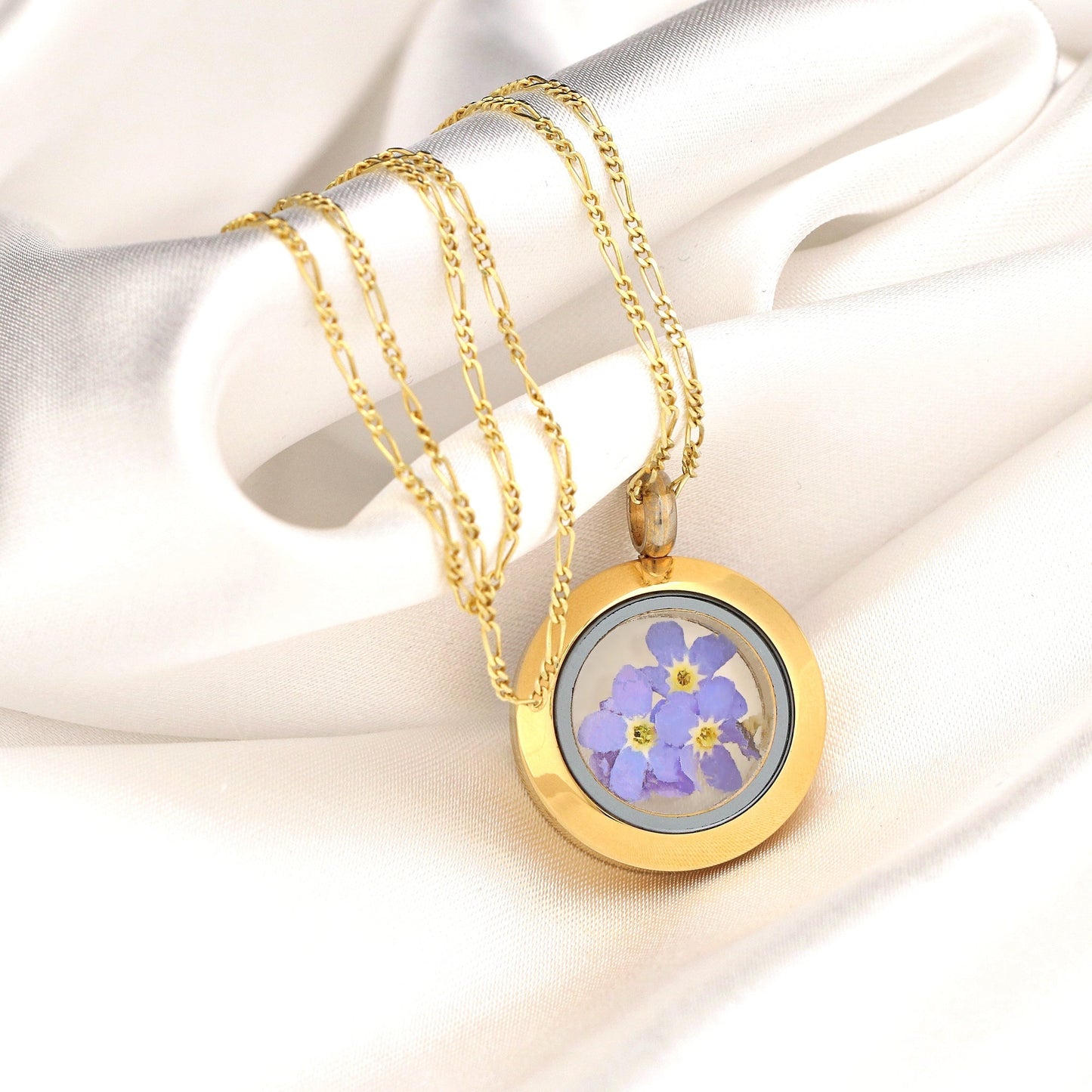 Forget-me-not Medallion - Glass Pendant Genuine Flowers 925 Sterling…