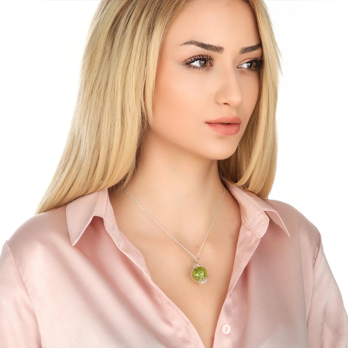 Green Moss Necklace - Terrarium 925 Sterling Silver Botanical Chain