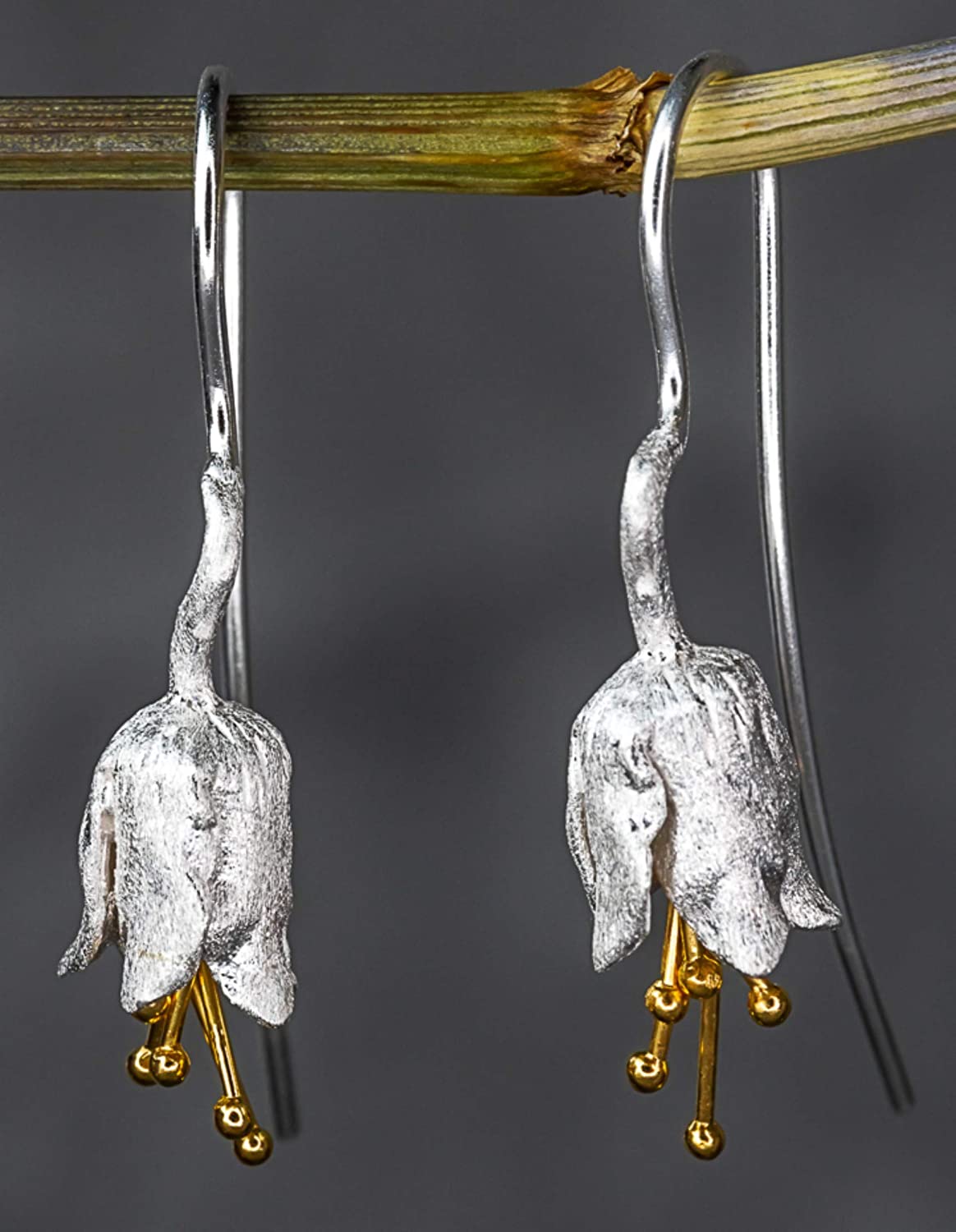 Bellflower Earrings - 925 Sterling Silver Gold Plated - Matte Stamens