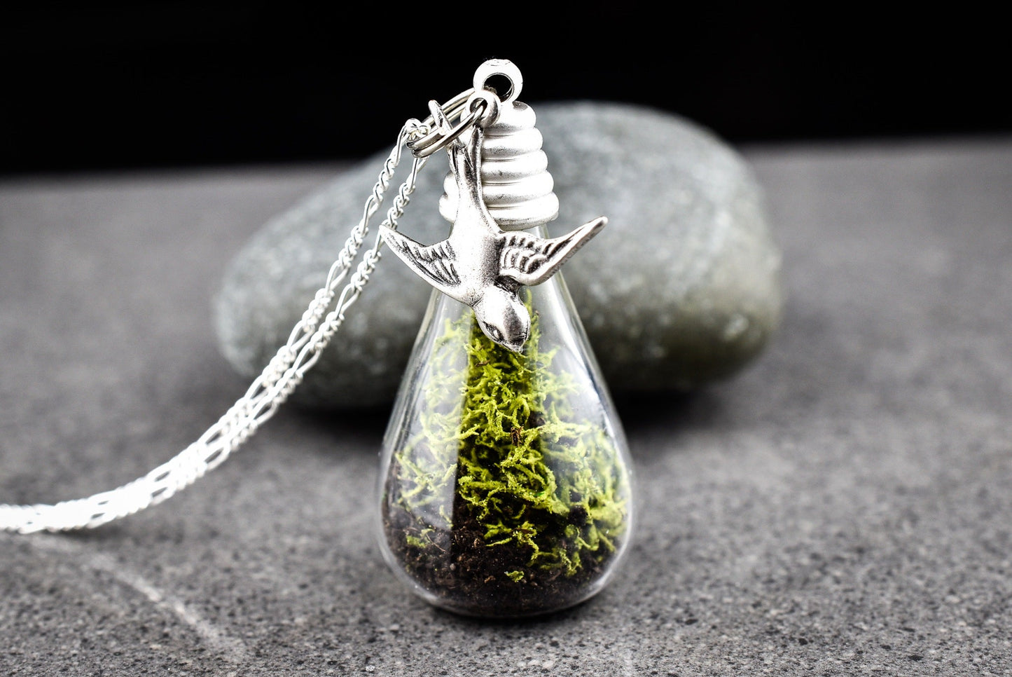 925 Genuine Moss + Earth Silver Chain with Swallow