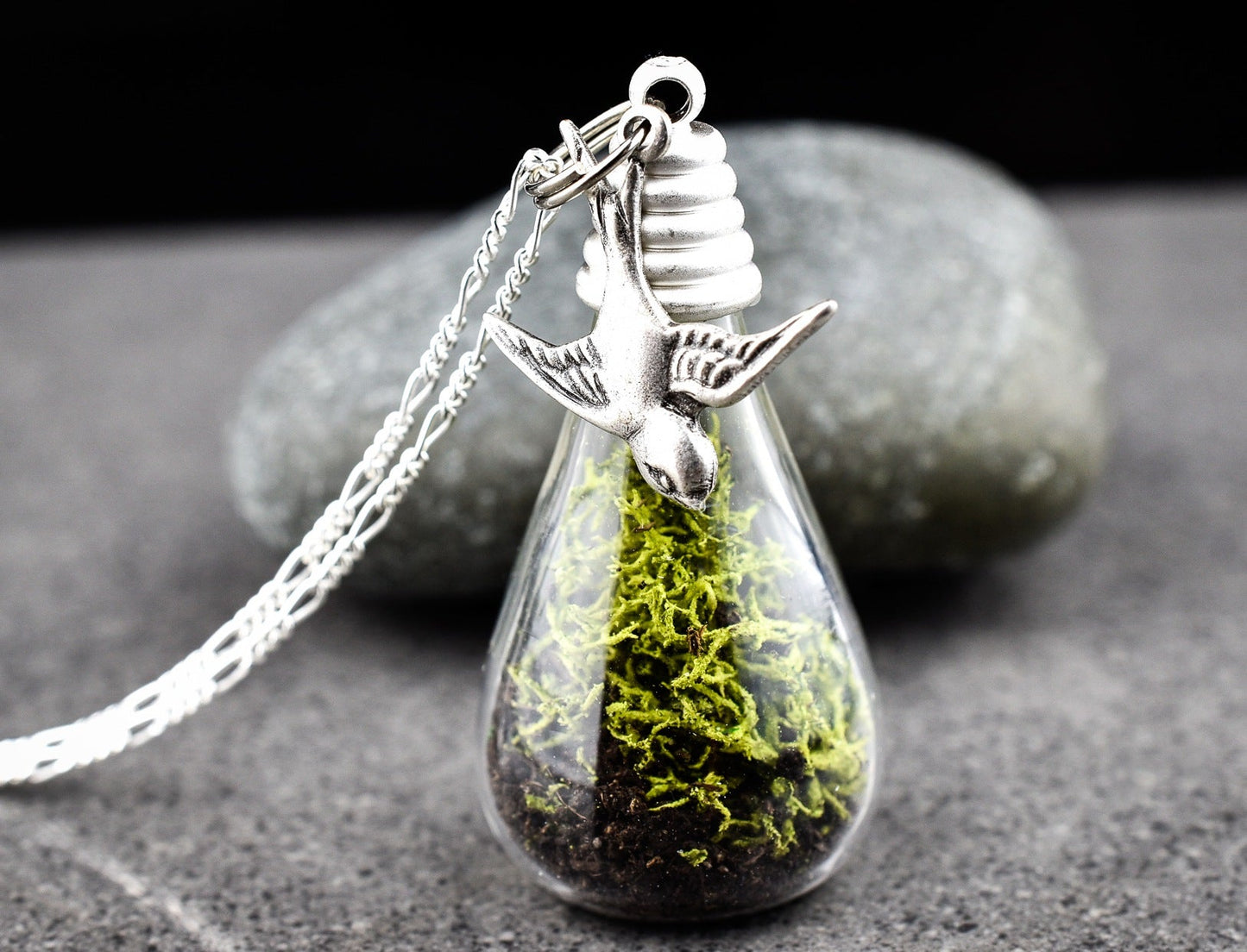 925 Genuine Moss + Earth Silver Chain with Swallow