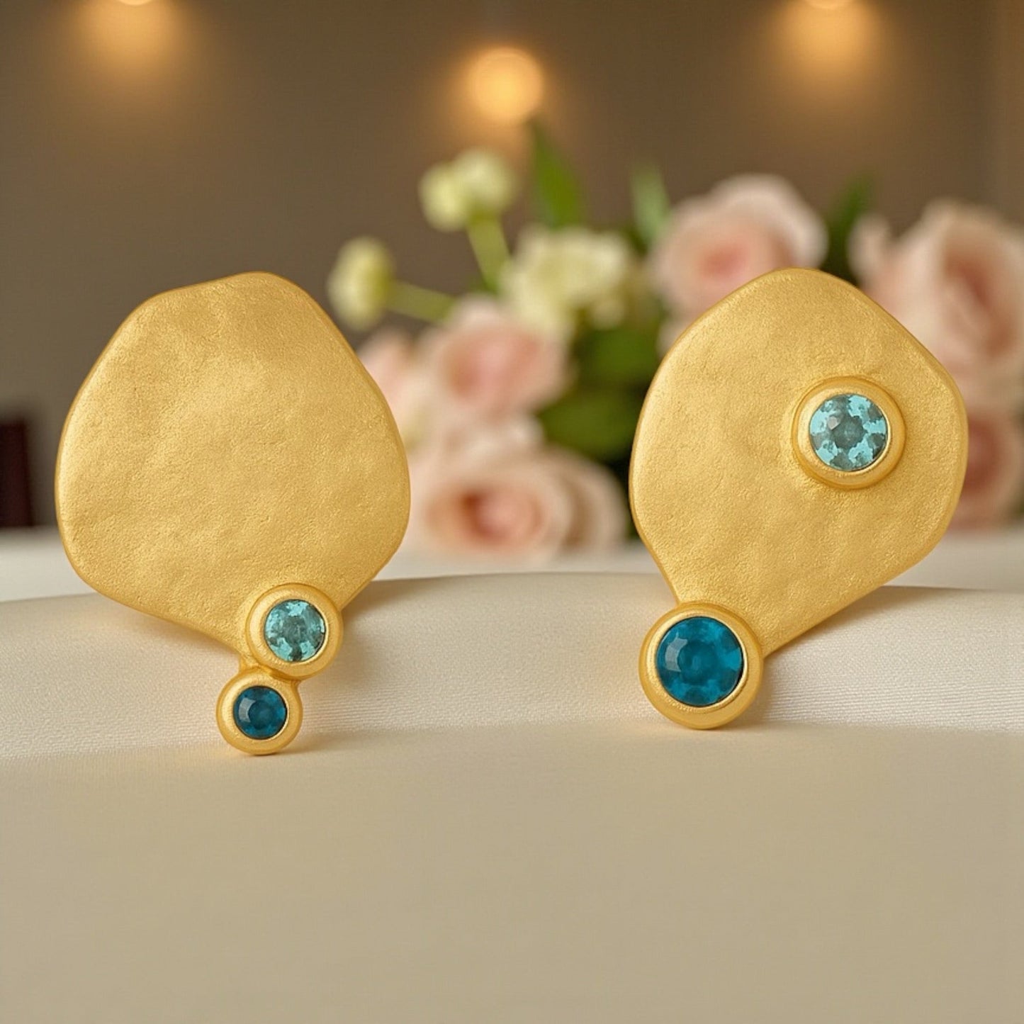 Stud earrings 925 Sterling Silver 18K gold plated with Aqua Topaz…