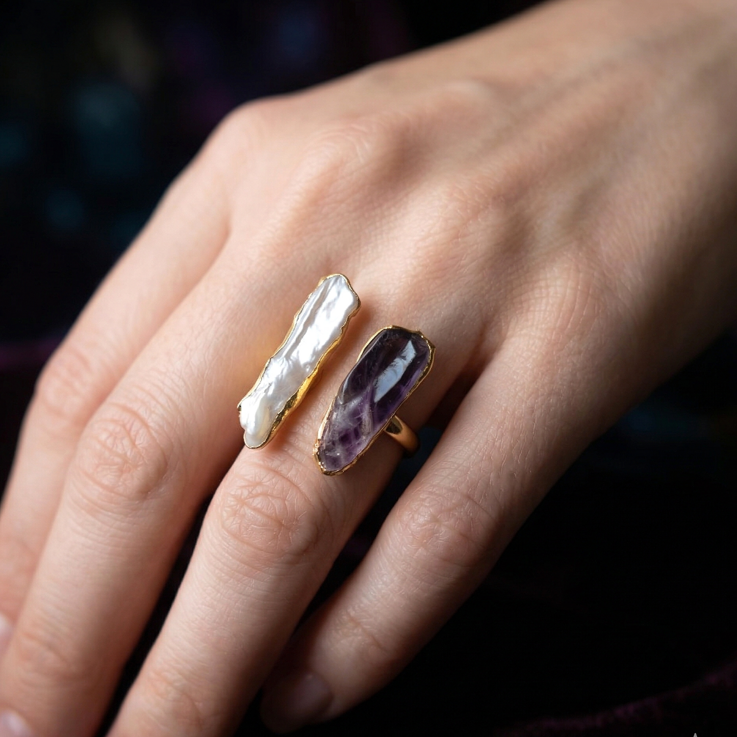 Whimsical Raw Stone Ring: Adjustable Amethyst & Keshi Pearl Ring in…