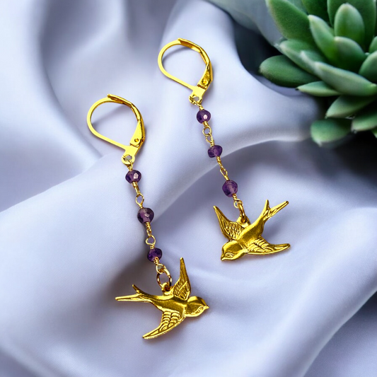 Amethyst swallows gold earrings