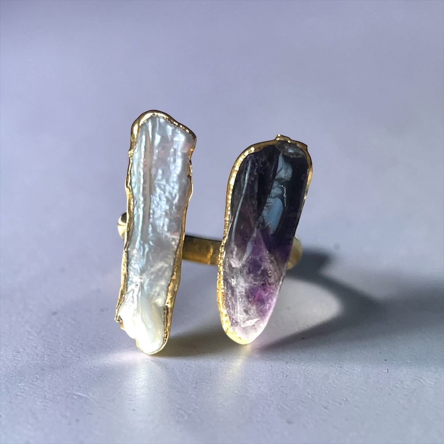 Whimsical Raw Stone Ring: Adjustable Amethyst & Keshi Pearl Ring in…