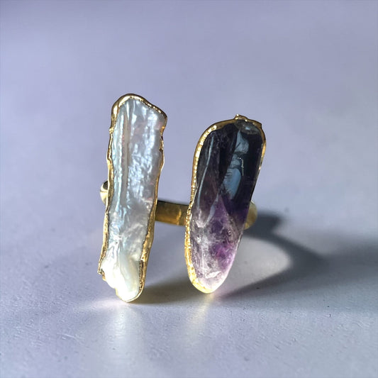 Whimsical Raw Stone Ring: Adjustable Amethyst & Keshi Pearl Ring in…