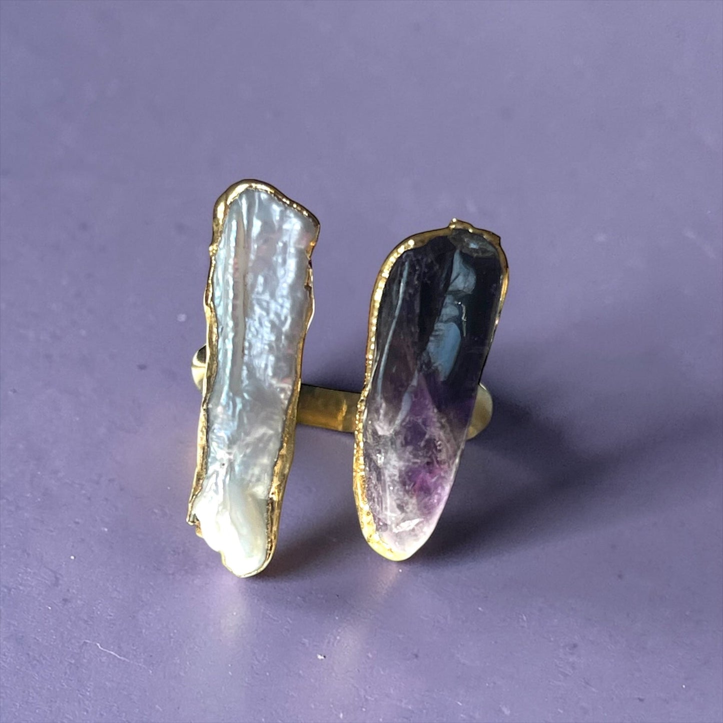 Whimsical Raw Stone Ring: Adjustable Amethyst & Keshi Pearl Ring in…
