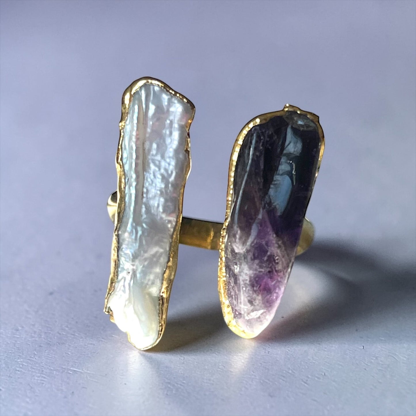 Whimsical Raw Stone Ring: Adjustable Amethyst & Keshi Pearl Ring in…