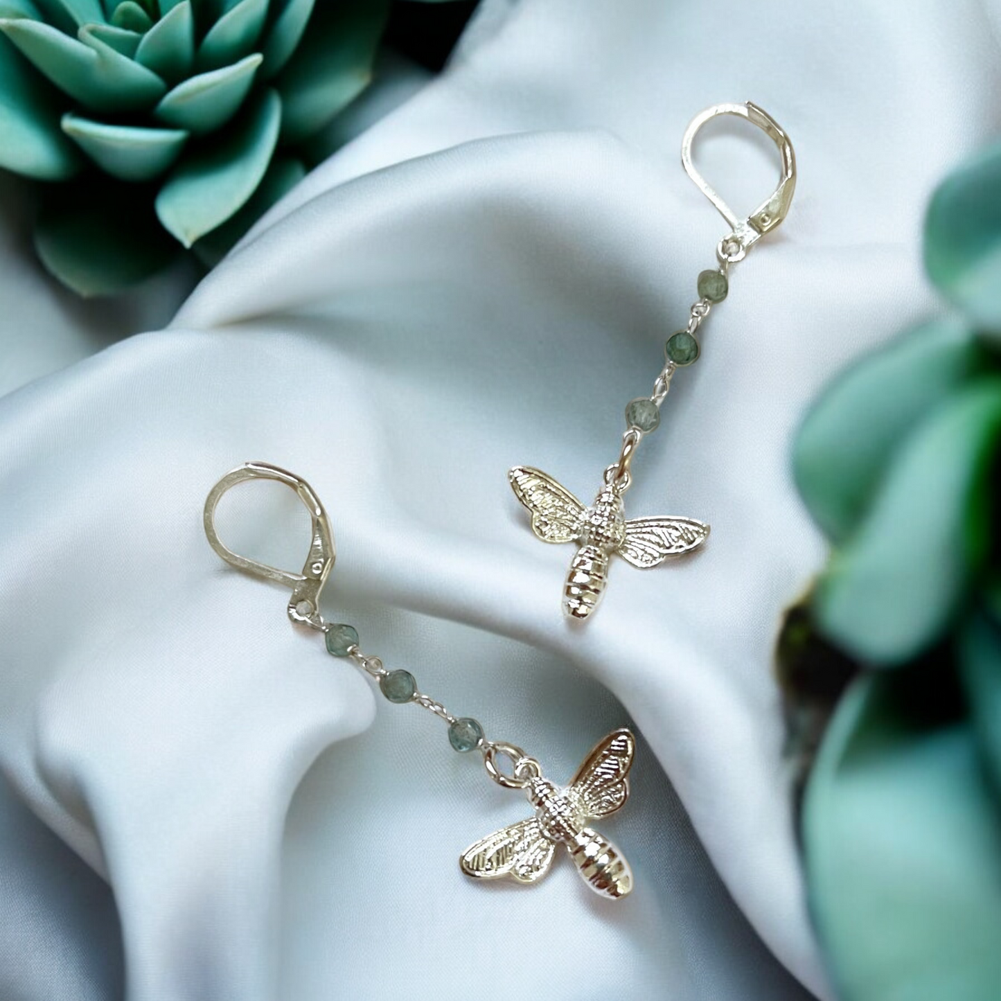 Enchanting Gemstone Earrings with Blue Apatite and Bee Pendant…