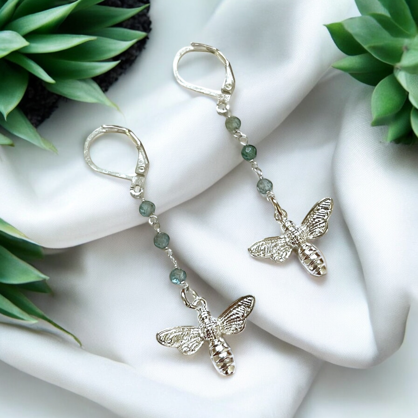Enchanting Gemstone Earrings with Blue Apatite and Bee Pendant…