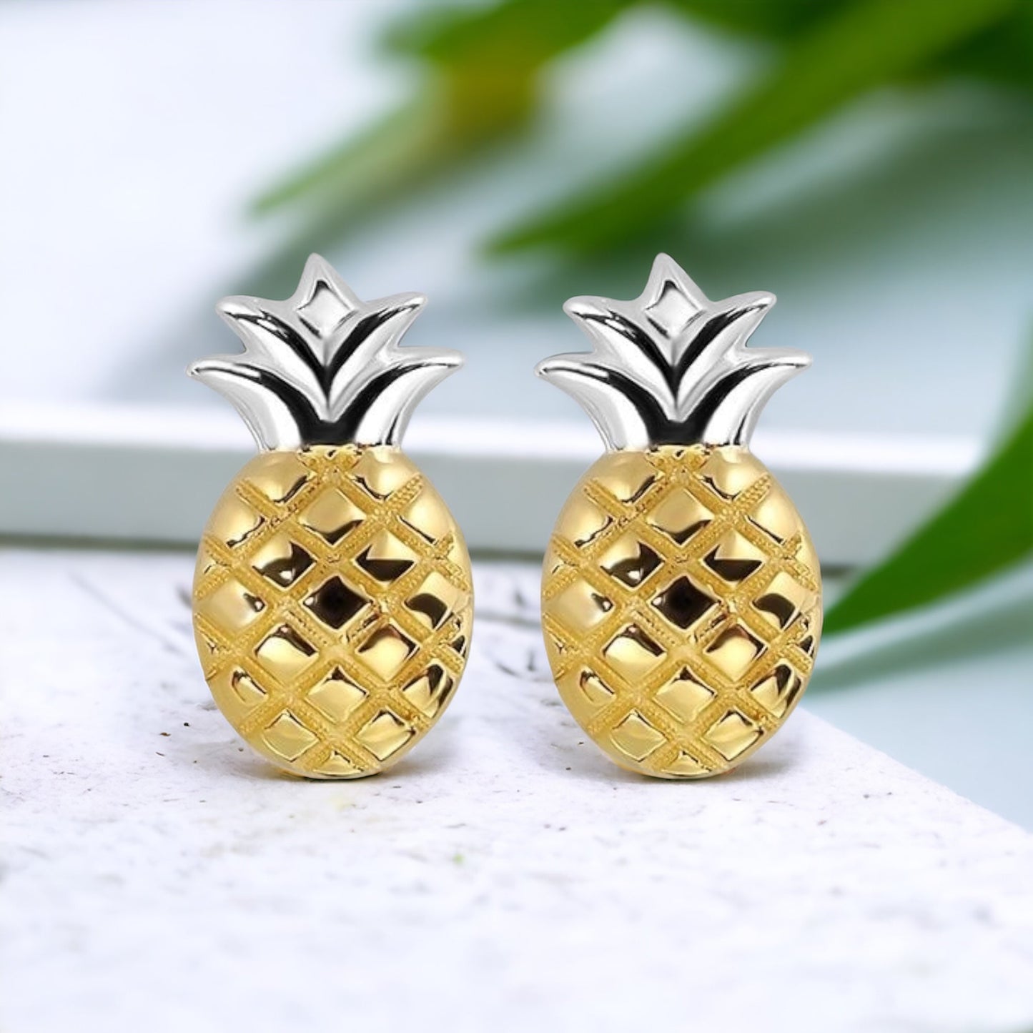 Summer Chic: Pineapple Stud Earrings in 925 Sterling Silver, Bicolor…