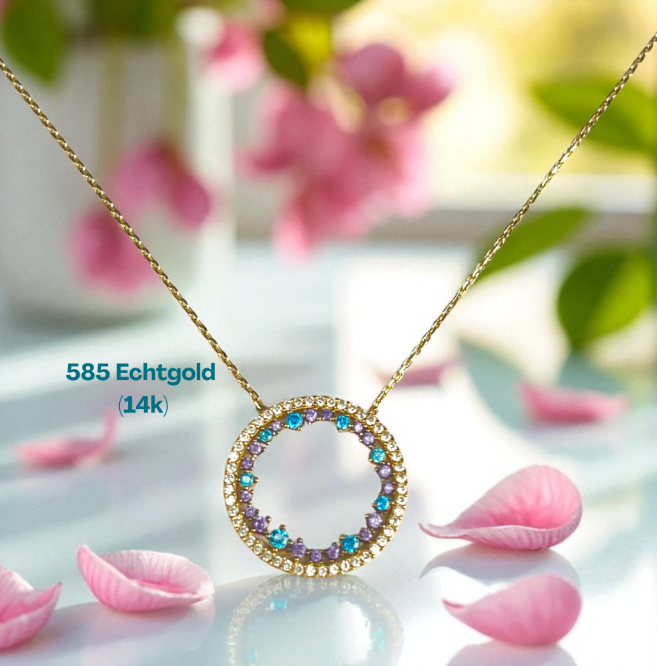 Galaxia Circle — 14k Gold Necklace with Blue & Violet Zirconia Pendant