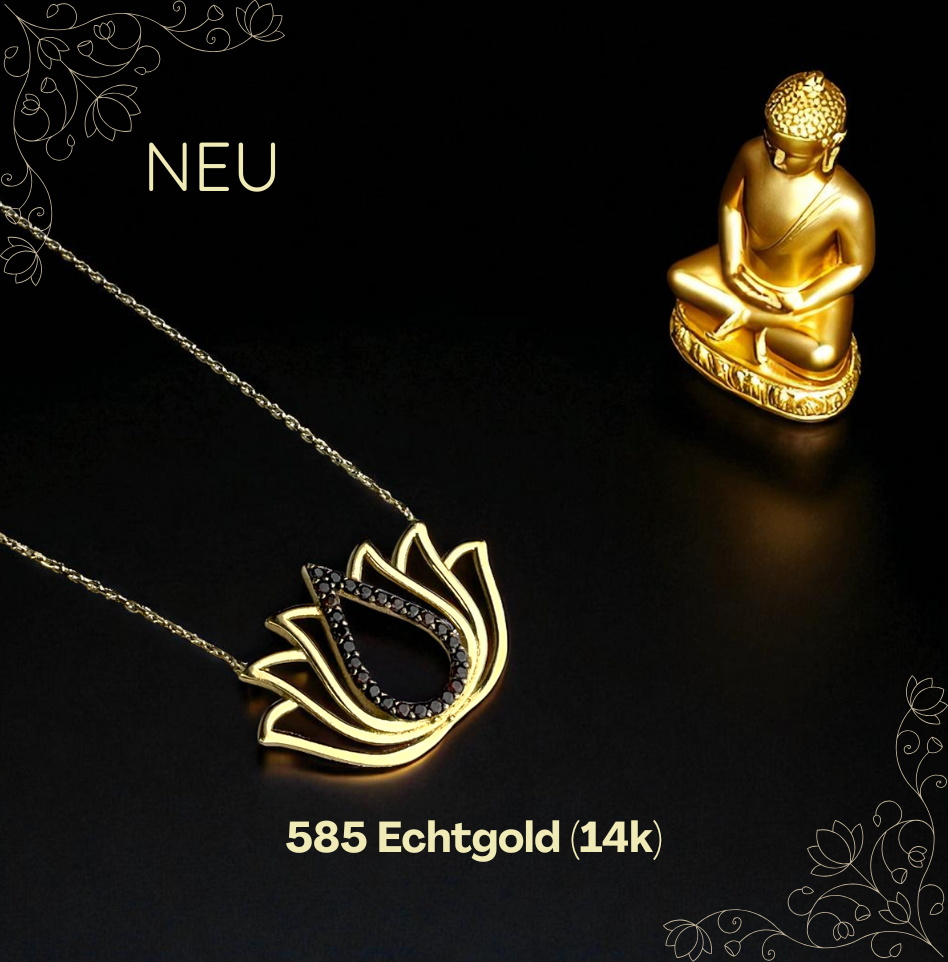 14k Gold 585 Lotus Necklace with Black Zirconia – Spiritual Women's…