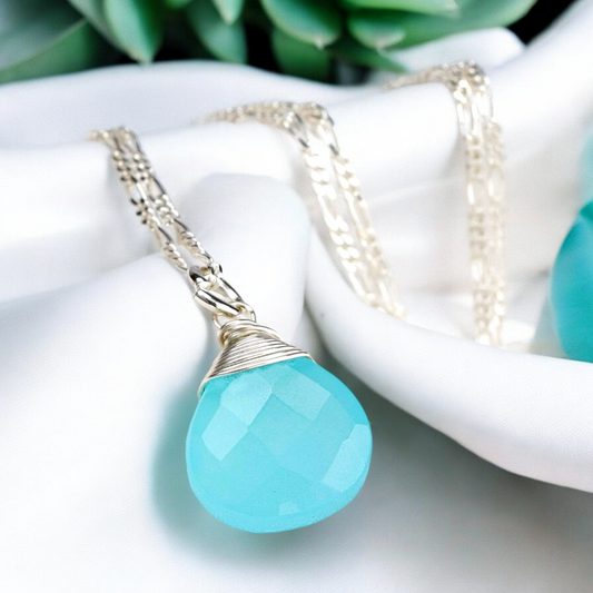 Chalcedon Drop Silver Chain - 925 Sterling Silver Blue Crystal Gem…