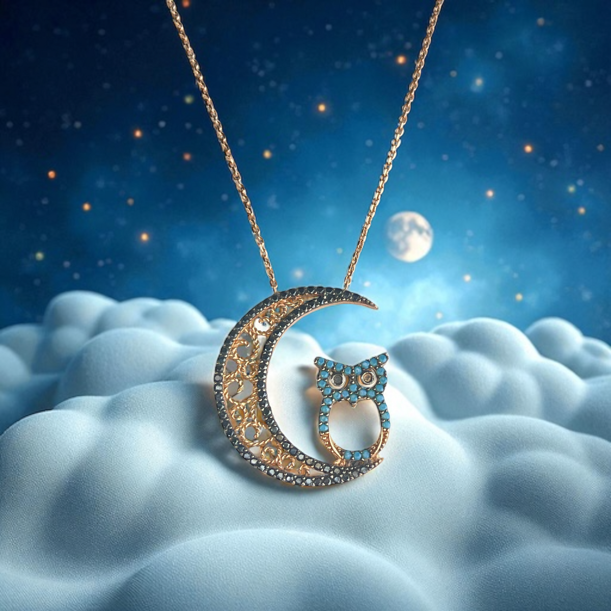 Luna Noctua – 585 (14K) Real Gold Necklace with Moon and Owl Pendant, Rose Gold Plated, Cubic Zirconia in Turquoise & Black, 41 cm