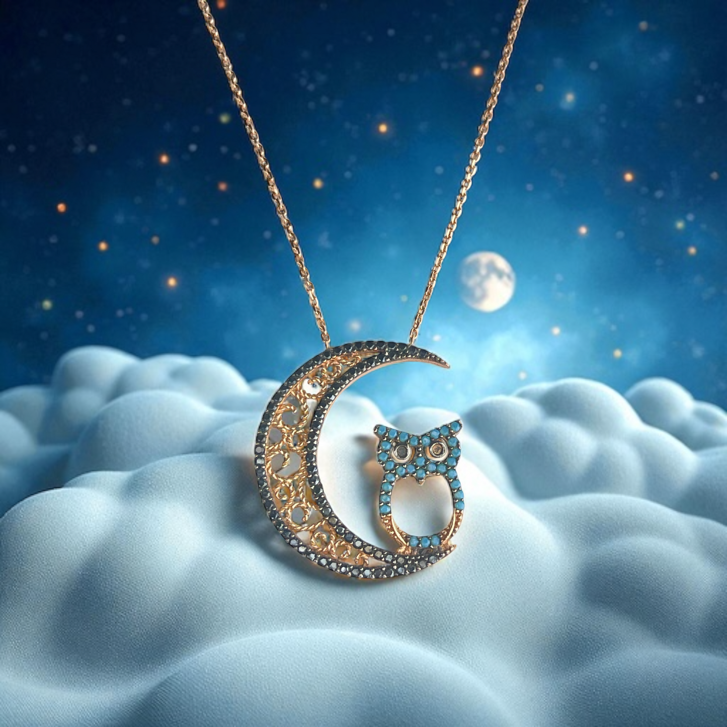 Luna Noctua - 14k 14k Gold Necklace with Moon and Owl Pendant, Rose…