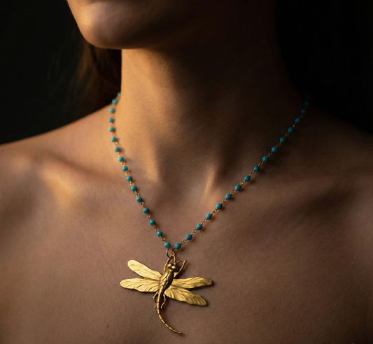 Turquoise gemstone necklace with gold-plated dragonfly, 60 cm…