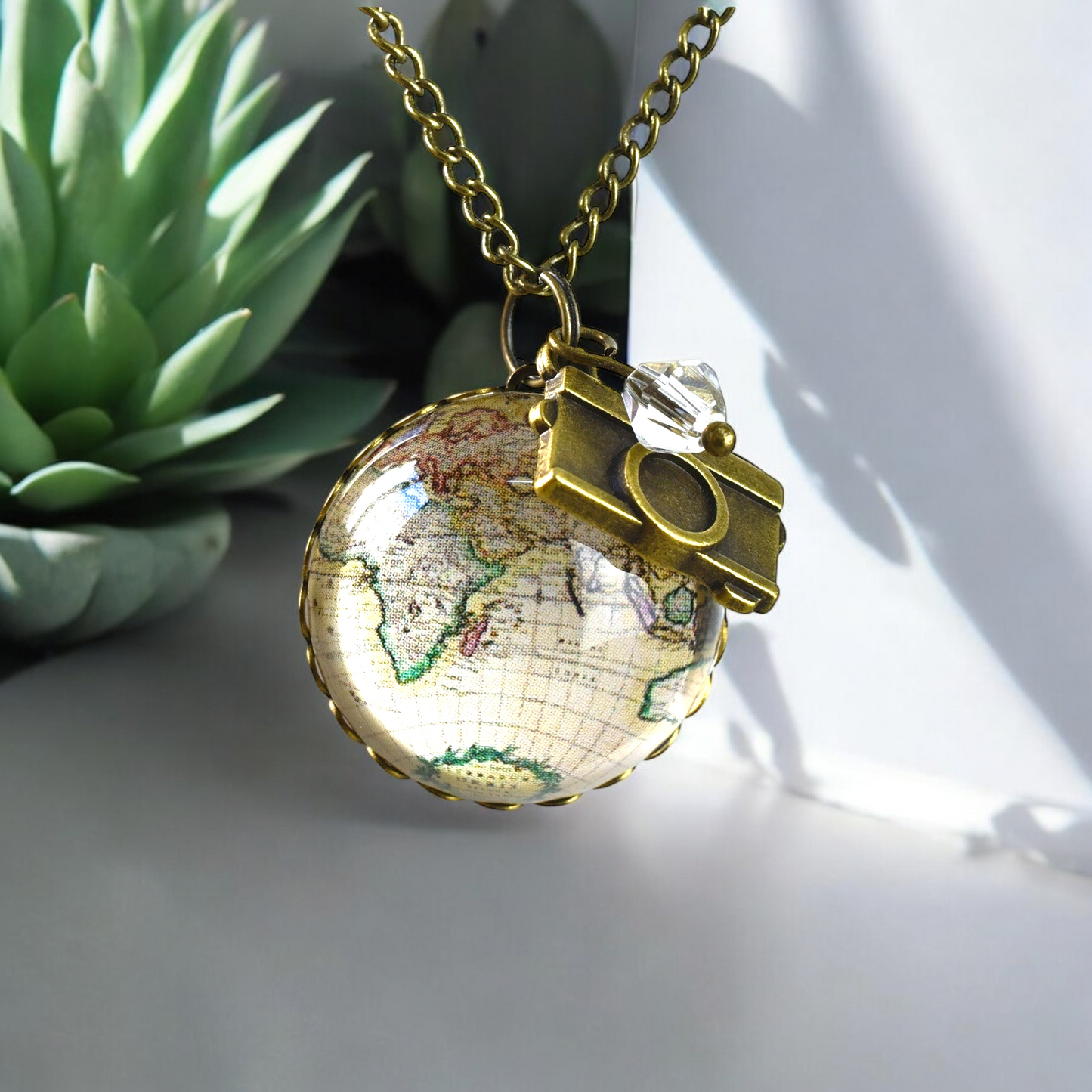 World Map Globe Pendant Chain Vintage Style - Globetrotter Jewelry