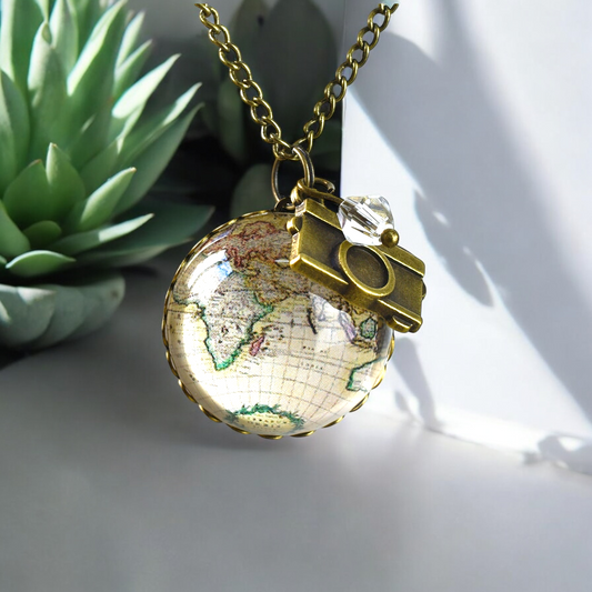 World Map Globe Pendant Chain Vintage Style - Globetrotter Jewelry