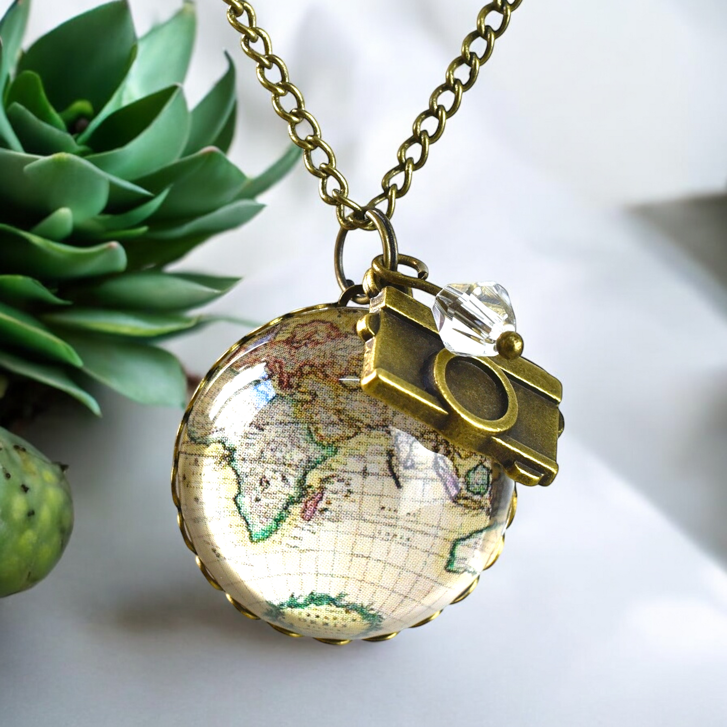 World Map Globe Pendant Chain Vintage Style - Globetrotter Jewelry