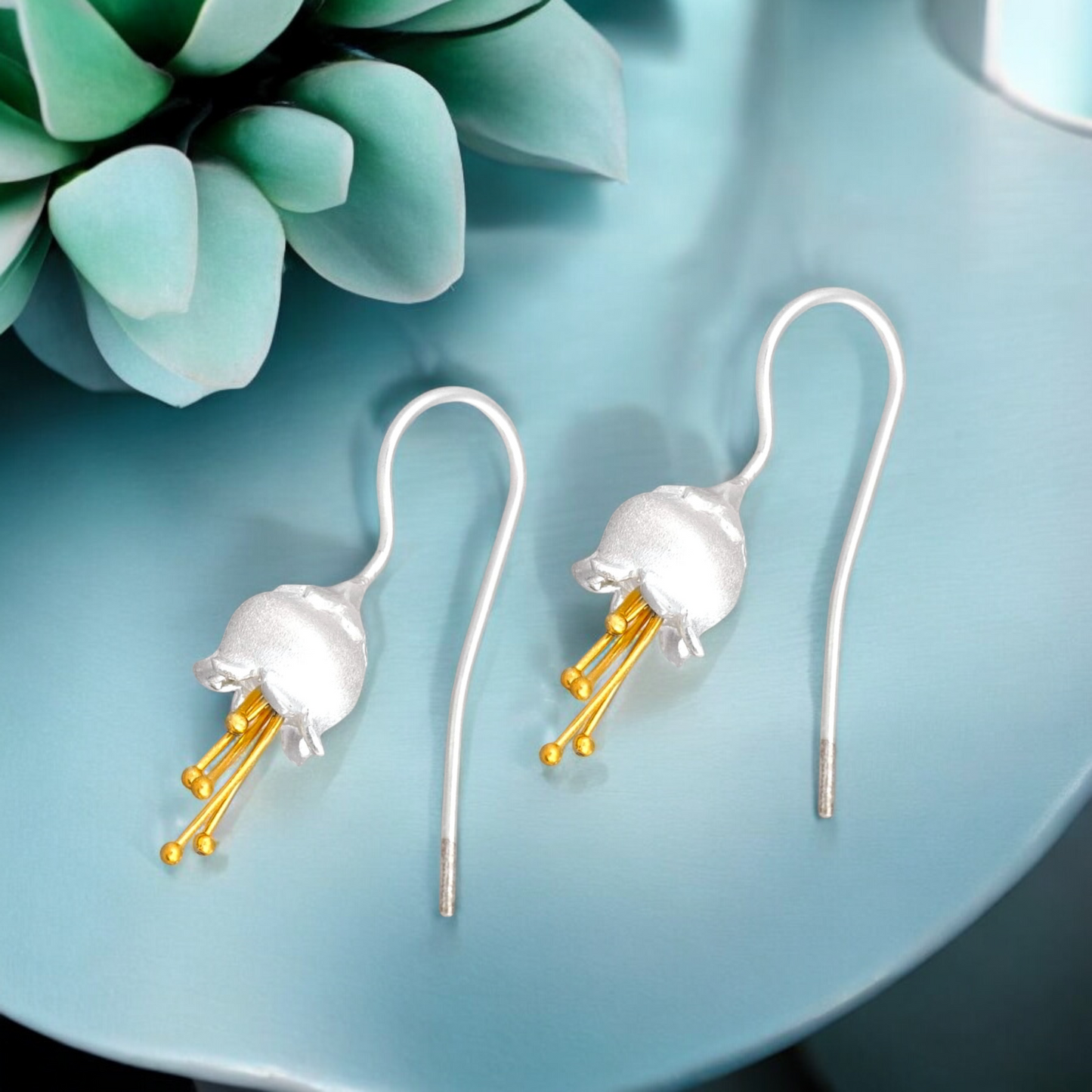 Bicolor Earrings - 925 Sterling Silver Maiglöckchen Botany Flower…