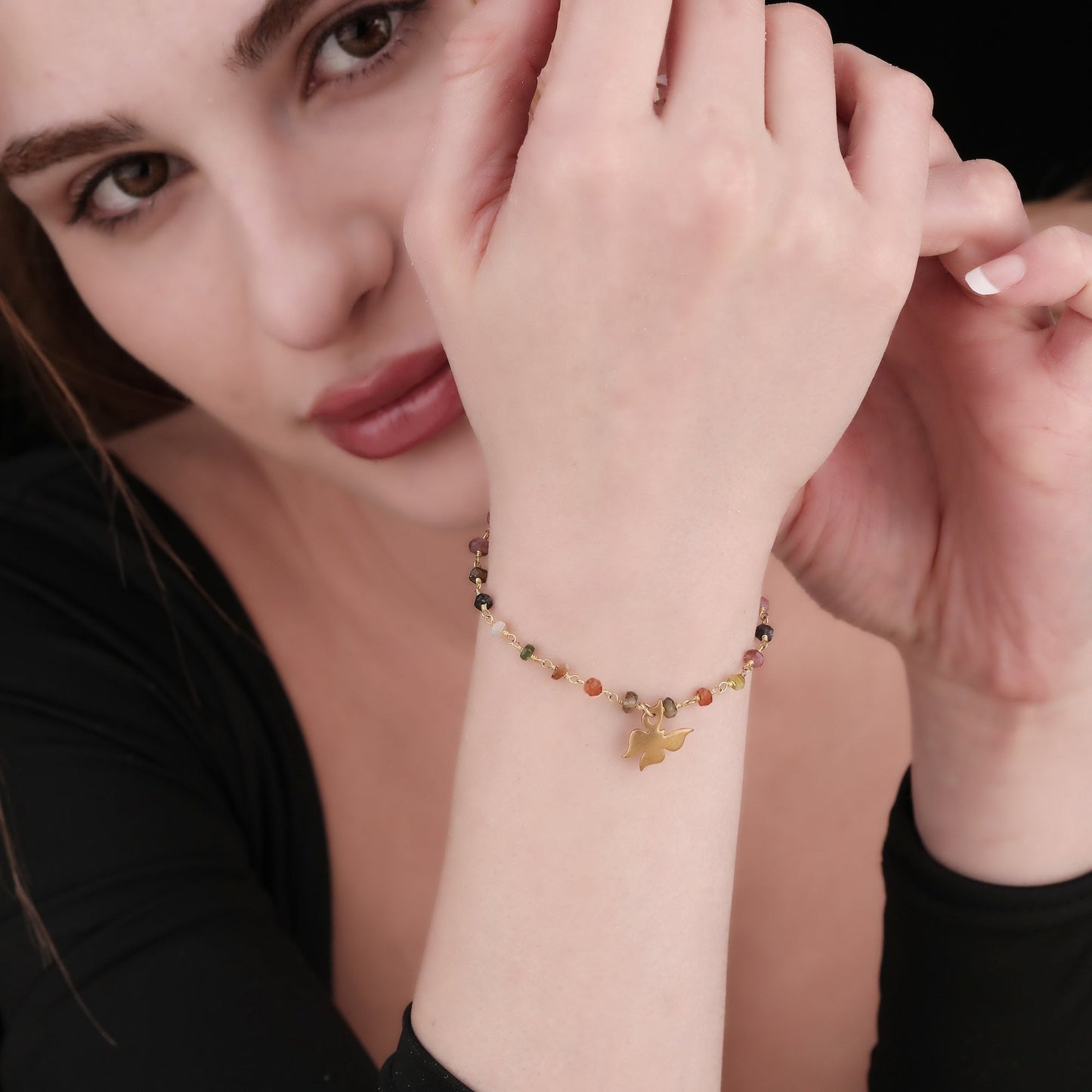 Gold Plated Tourmaline Bracelet with Butterfly Charm – Minimalist…