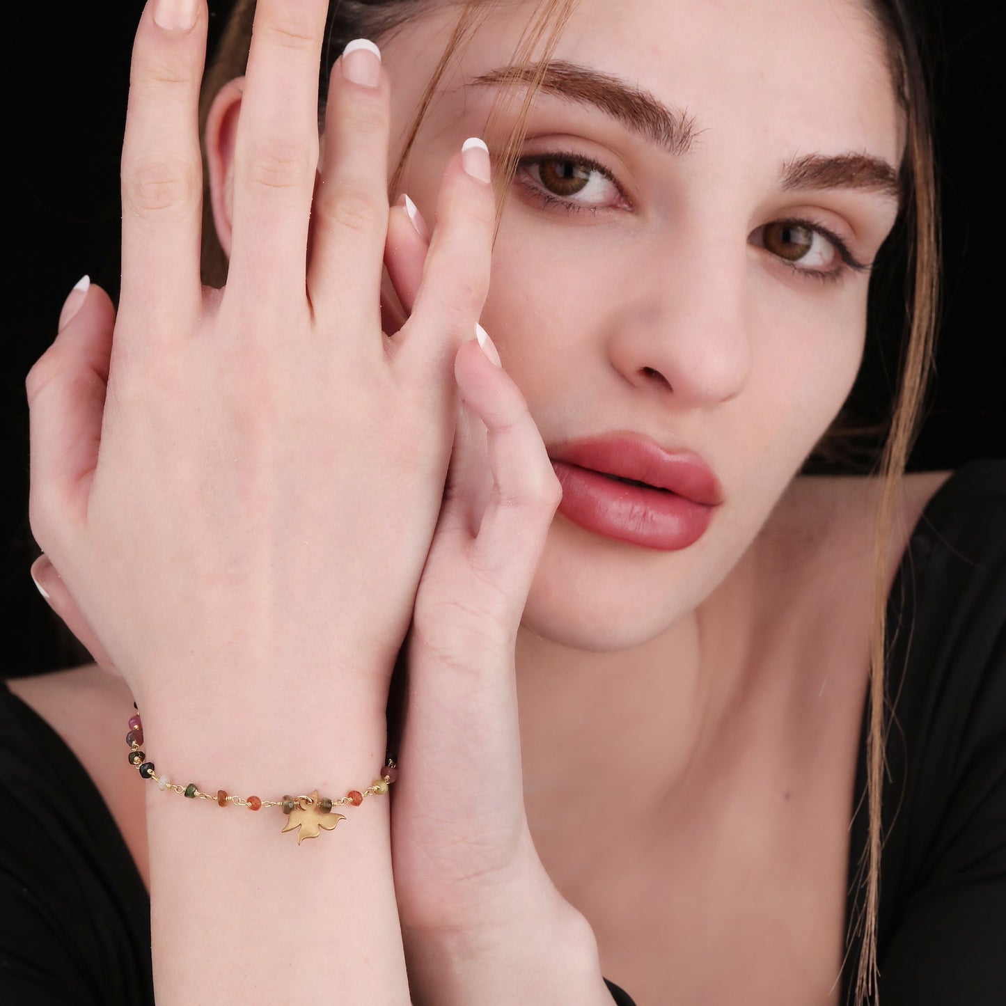 Gold Plated Tourmaline Bracelet with Butterfly Charm – Minimalist…