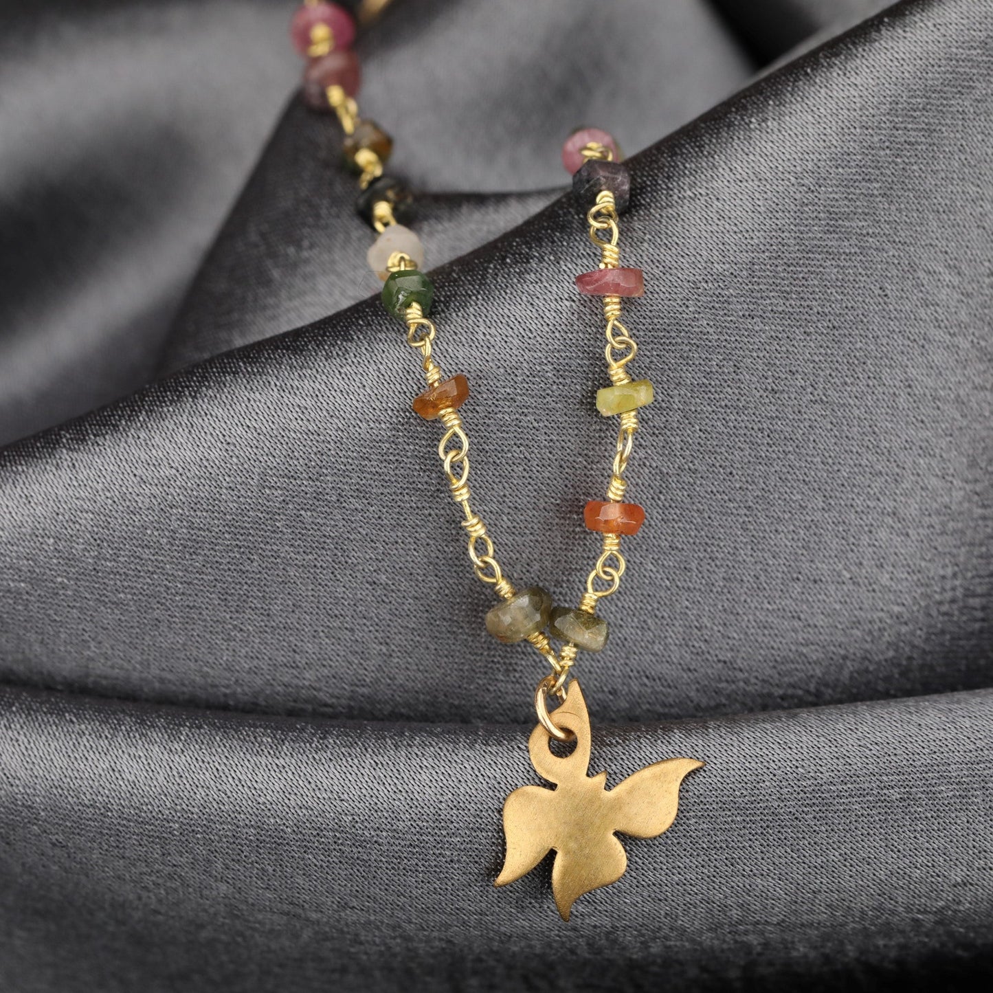 Gold Plated Tourmaline Bracelet with Butterfly Charm – Minimalist…