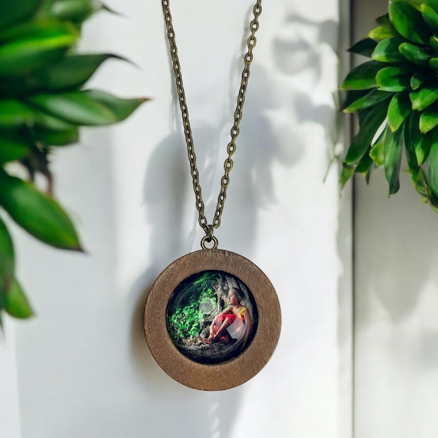 Meditating Monk Child - Vintage Style Bronze Necklace with Wooden…