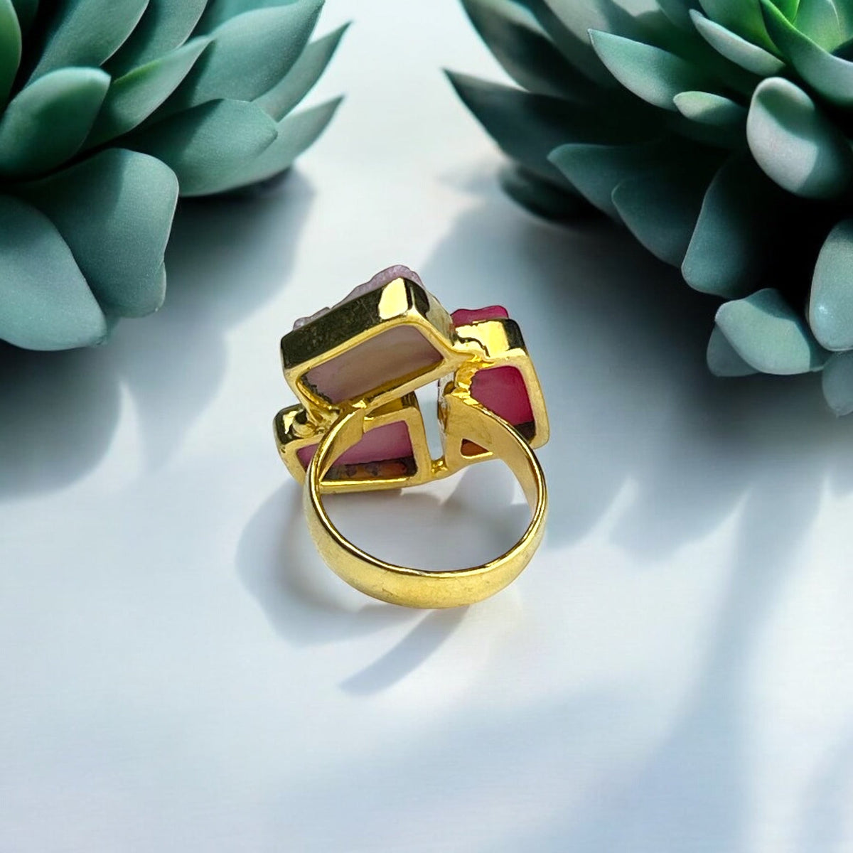 Brass Ring with Pink Agate Druse – Ring Size 52, Hypoallergenic, Unique Gemstone Ring
