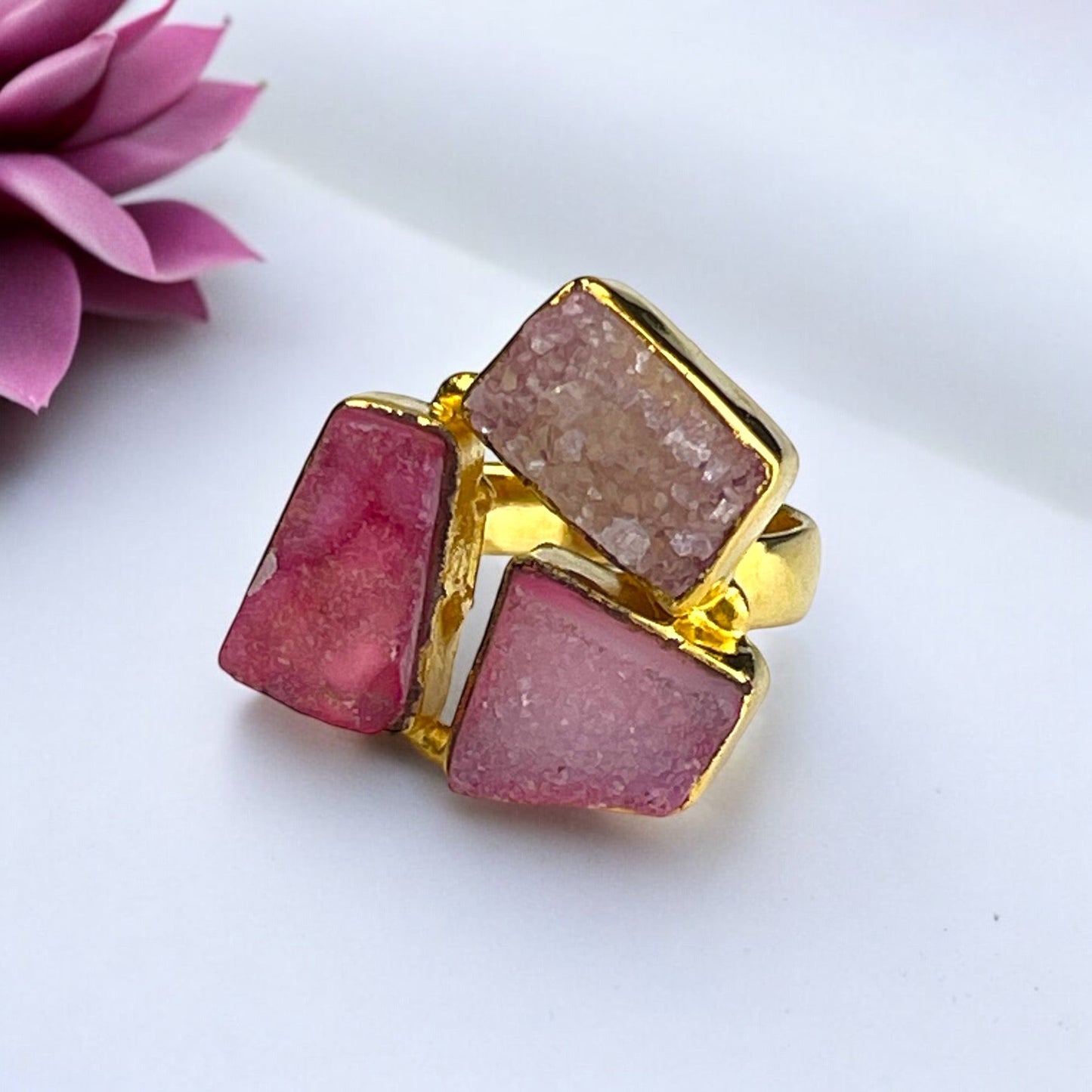 Brass Ring with Pink Agate Druzy – Ring Size 52, Allergy-Friendly…