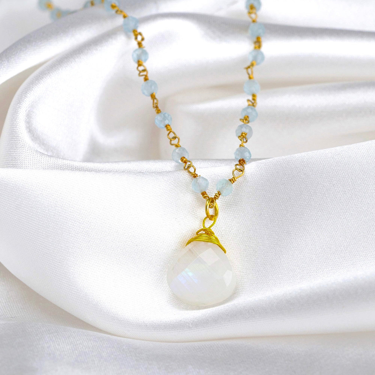 Moonstone & Aquamarine Gemstone Drop Pendant Necklace Gold - VIK-122