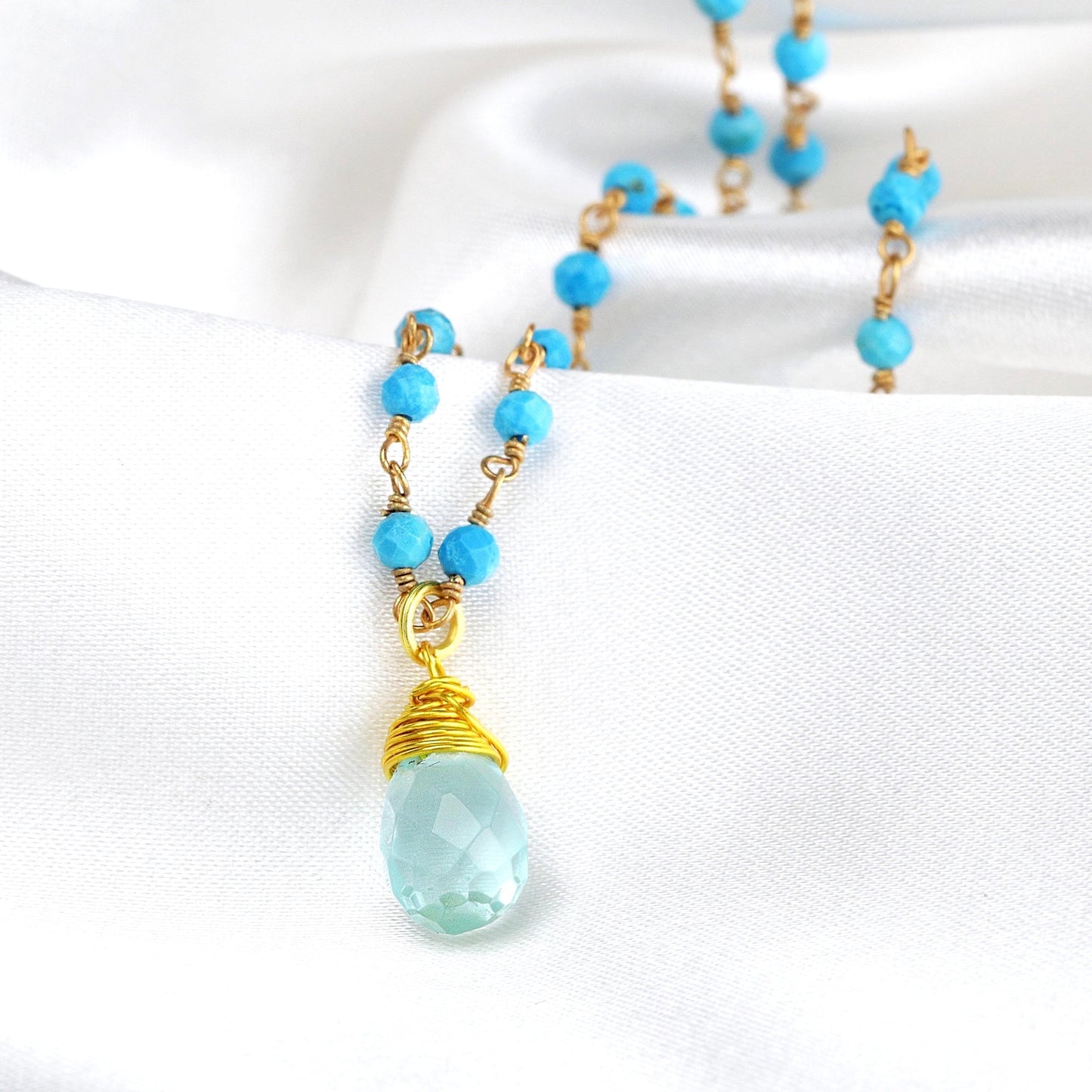 Chalcedon Drop Gold Chain - Gold Plated Blue Gem Rondella Elegant…