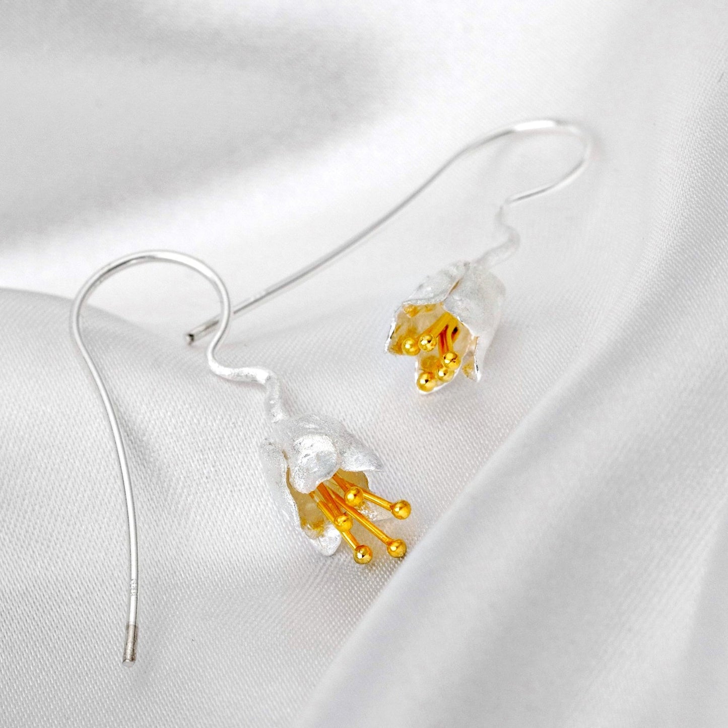 Bellflower Earrings - 925 Sterling Silver Gold Plated - Matte Stamens