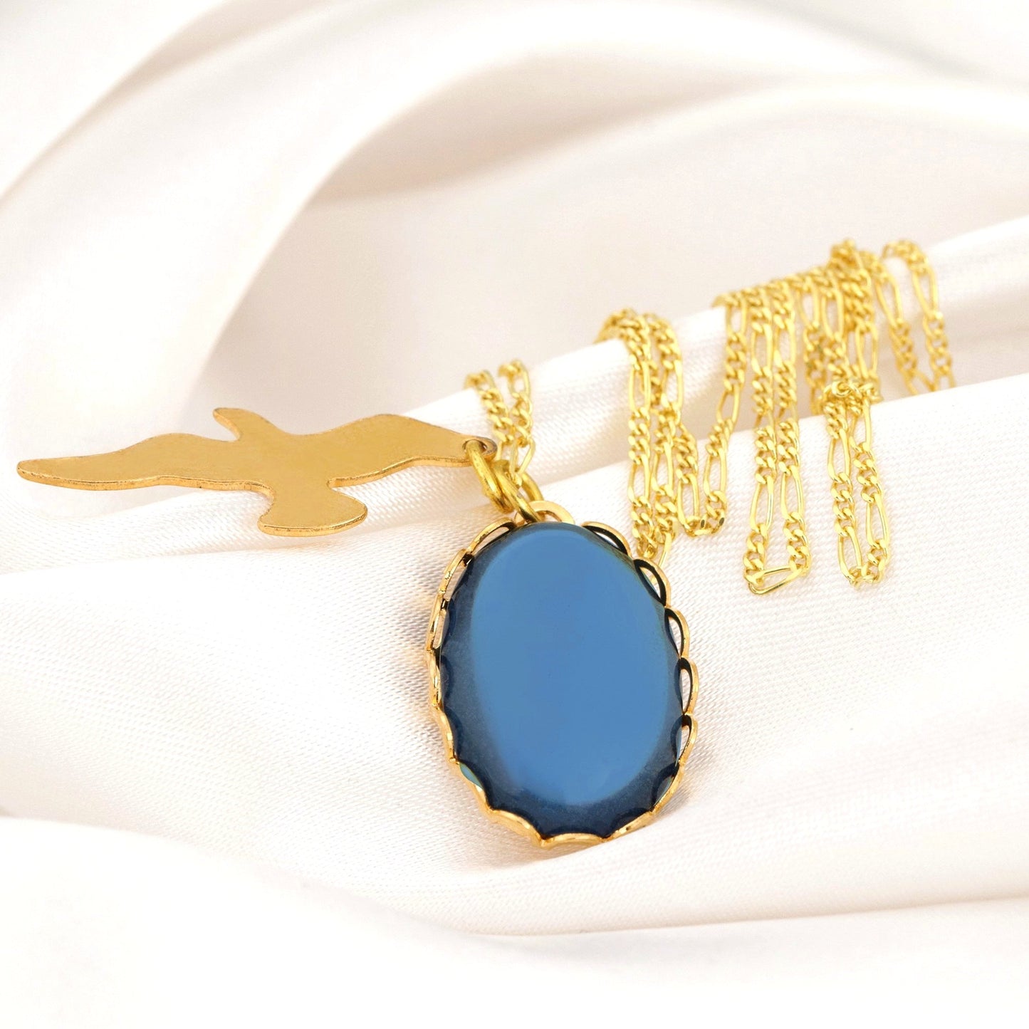 Swallow Blue Cabochon Pendant Chain - 925 Sterling Gold Plated…
