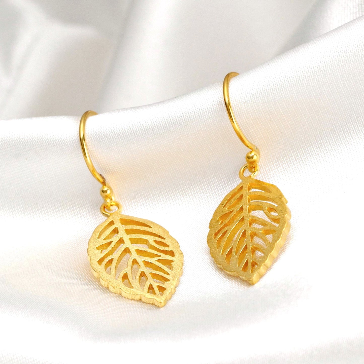 Leaf Earrings - 925 Sterling Gold Plated Botanical Drop Earrings — 14