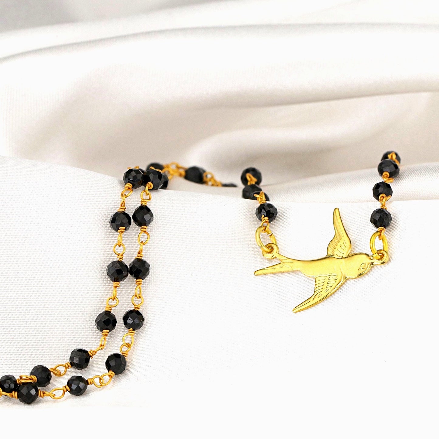 Onyx Schwalbe Gold Pendant Chain - Gold Plated Bird Black Gemstone…