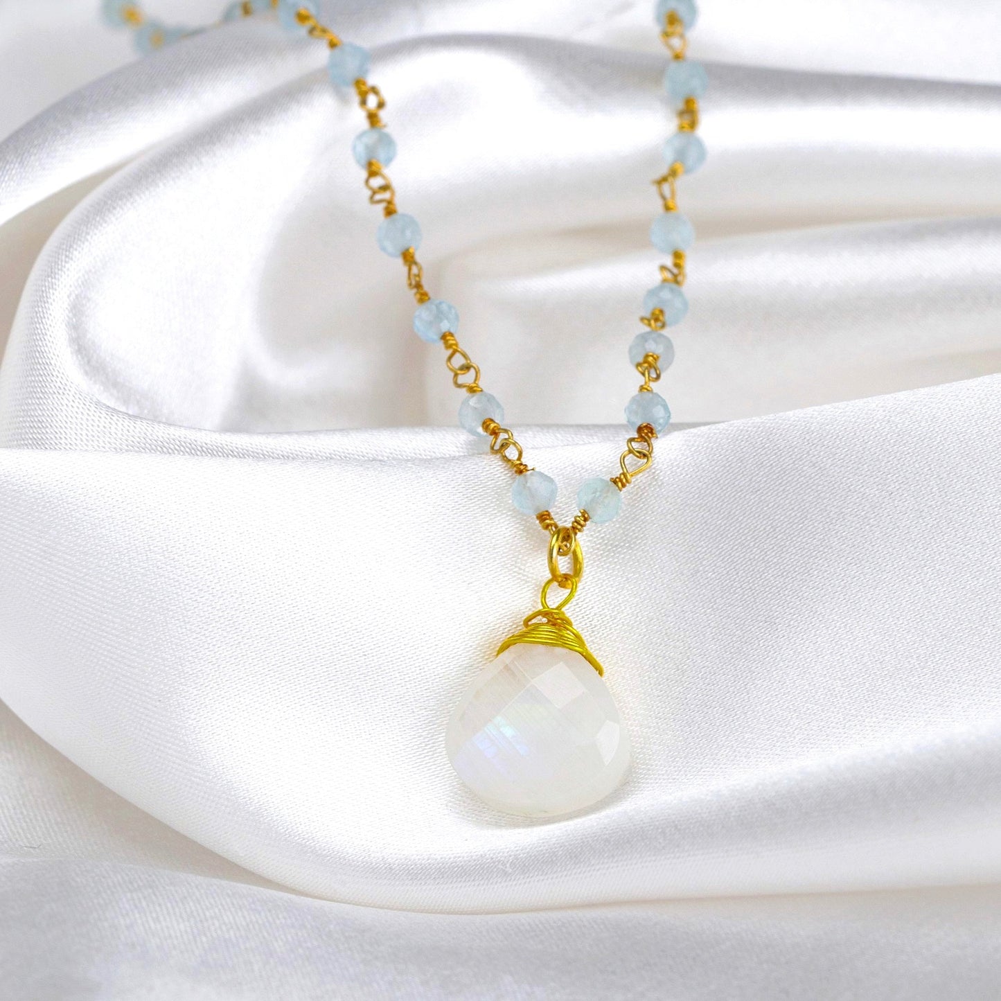Moonstone & Aquamarine Gemstone Teardrop Pendant Necklace Gold