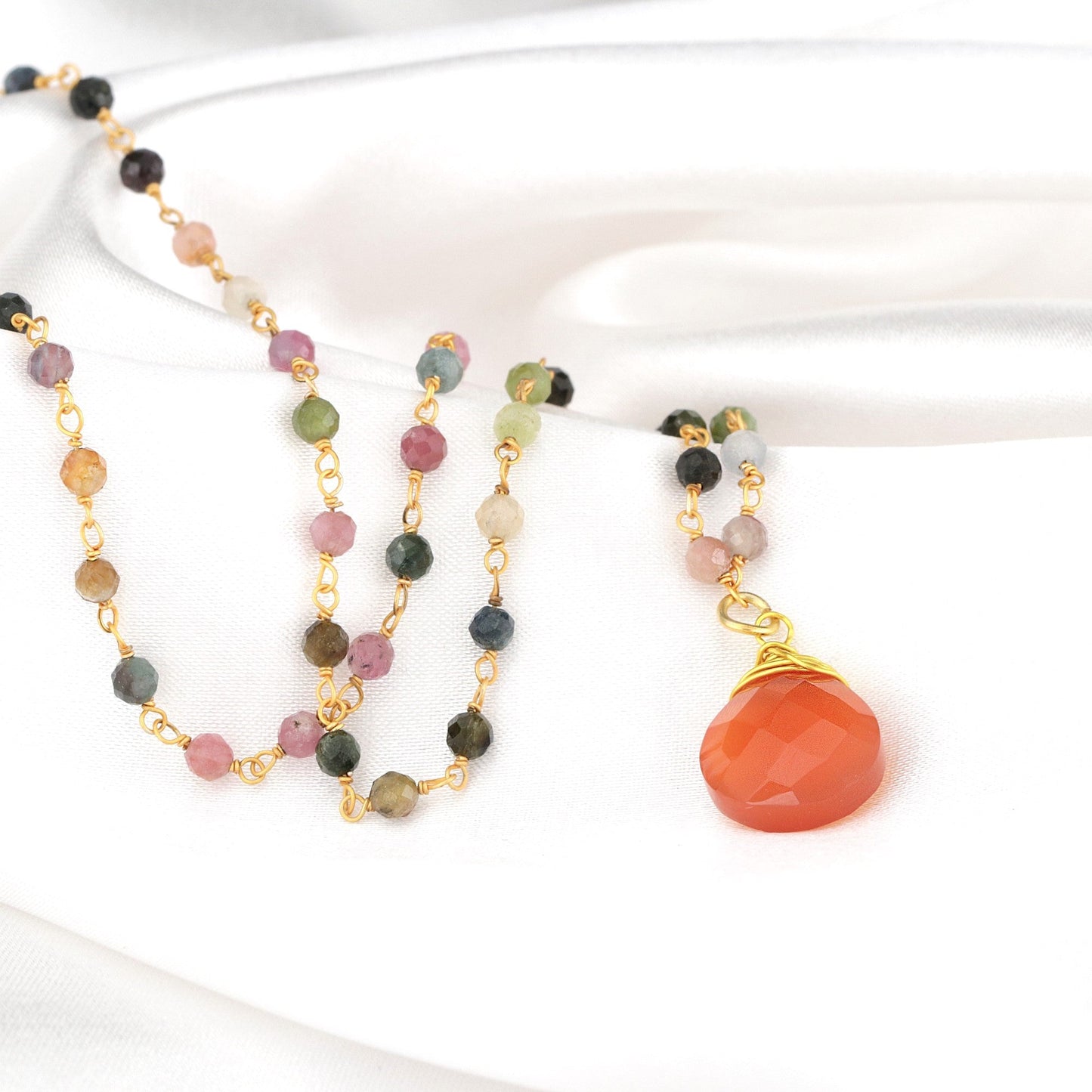 Carnelian & Tourmaline Gemstone Teardrop Pendant Necklace Gold - VIK