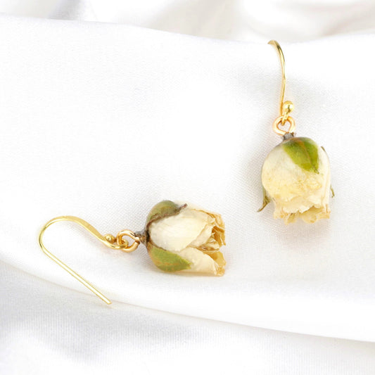 Real Small Rose Earrings - Cream White - 925 Sterling Gold Plated